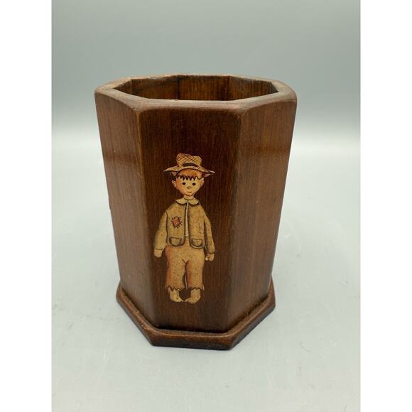 “Vintage Wooden Octagon Pencil Holder Desk Organizer – Hand Painted Folk Art - Picture 1 of 8